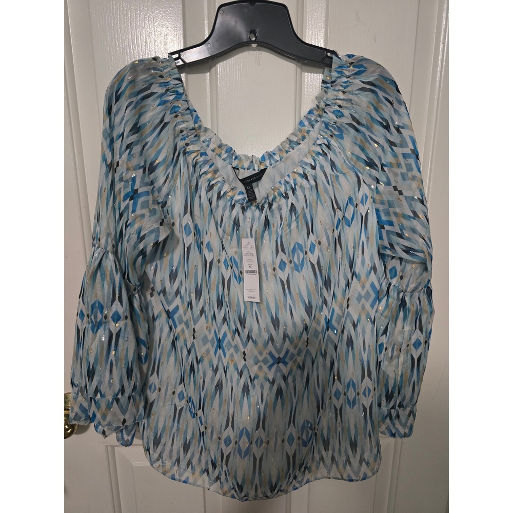 NEW White House Black Market Printed Clip Blouse Twilight Teal XL
